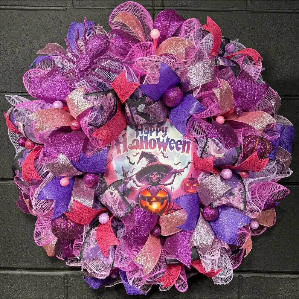 Halloween Witch Wreath Pink & Purple Handmade Deco Mesh 24 Inch